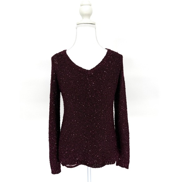 Apt. 9 Sweaters - Holiday Sparkly Apt. 9 Sequin Long Sleeve V Neck Sweater PS Burgundy